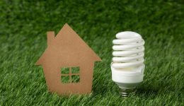 Un casa a impatto zero di cartone su un prato con a fianco una lampadina